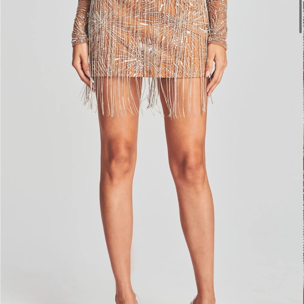 Sparkly beaded & fringed nude retrofete mini skirt